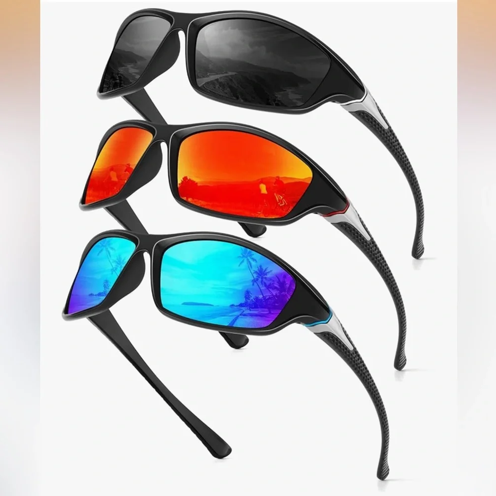 🆕 Men's Sport Polarized Sunglasses - Black Frame with Color Mirror Lenses UV400